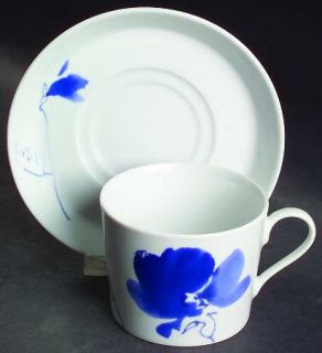 Studio Nova Ming Blue Flat Cup & Saucer Set, Fine China Dinnerware   Blue Flower