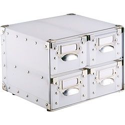 White Polypro 4 drawer Storage Bin (WhiteFour (4) drawersBuilt in handlesSpot clean Materials Polypro plastic, metal cornersDimensions 10 inches high x 8.5 inches wide x 7.5 inches deep )