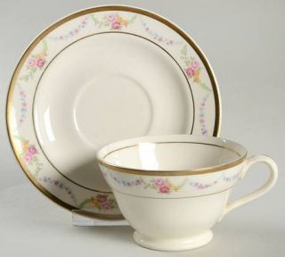 Edwin Knowles Garland Footed Cup & Saucer Set, Fine China Dinnerware   Pink Rose