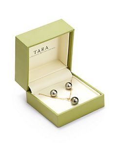 8MM 10MM Tahitian Round Pearl & 14K White Gold Necklace/Earrings Set