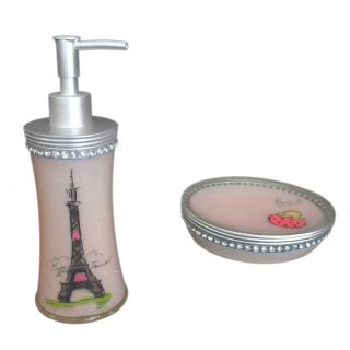 Sherry Kline Paris With Love Bath Accessory 2 piece Set (Light pinkMaterials Resin DimensionsSoap dish 1.5 inches high x 4 inches long x 5 inches wide Lotion dispenser 5.75 inches high x 3.25 inches wide x 1.75 inches long The digital images we display