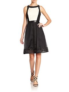 Colorblock Silk Organza/Cotton A Line Dress   Black White
