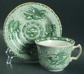 Mottahedeh Torquay Green (Gold Trim) Flat Cup & Saucer Set, Fine China Dinnerwar