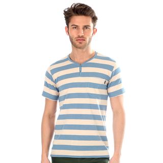 191 Unlimited Mens Blue And Beige Striped Henley Tee