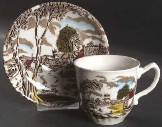 Grindley Sunday Morning Brown/Multicolor Flat Cup & Saucer Set, Fine China Dinne