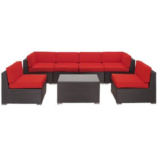 Aero Outdoor Wicker Patio 7 piece Sectional Sofa Set In Espresso With Red Cushions