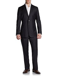 Wool & Silk Striped Two Button Suit   Black