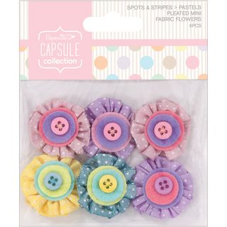 Papermania Spots/stripes Pastels Mini Fabric Flowers with Button Middles 6/pkg