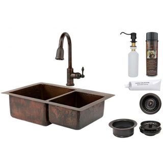Premier Copper Products 60/40 Double Basin Sink And Pull Down Faucet Package (3.5 inchesHand madeFaucet detailsRetractable HoseSpout Extends Up To 8.44 inchesSpout Height 9.25 inchesSpout Reach 8.44 inchesSpout Swivel 360 Degrees Spray Options Stream
