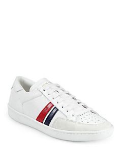 Saint Laurent Leather Trim Lace Up Sneakers   White