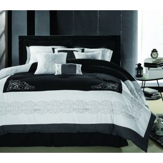 Florence Black/white 8 piece Oversized King size Comforter Set (Black/ white Materials 100 percent polyesterCare instructions Machine washable King DimensionsComforter 110 inches wide x 90 inches longBedskirt 78 inches wide x 80 inches long Shams 20 