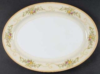 Meito Mei49 16 Oval Serving Platter, Fine China Dinnerware   Yellow Band,Floral
