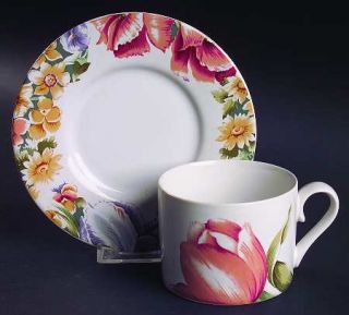 International Floral Garden Flat Cup & Saucer Set, Fine China Dinnerware   Table