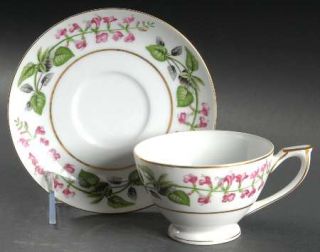 Mikado Sylvia Footed Cup & Saucer Set, Fine China Dinnerware   Pink Flowers, Gre