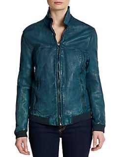Zip Front Dyed Leather Jacket   Green