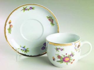 Victoria Royale Vry1 Flat Cup & Saucer Set, Fine China Dinnerware   Fruit,Berrie