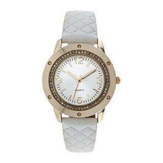 Womens Quilted Strap Stone Accent Watch, White
