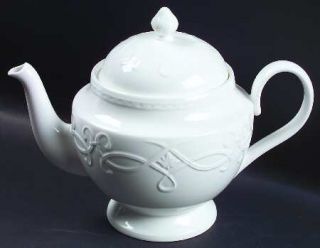 Wedgwood Traditions Teapot & Lid, Fine China Dinnerware   All White, Embossed Ri