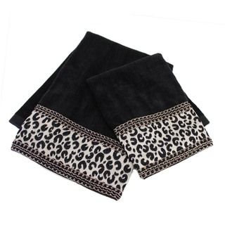 Sherry Kline Cheetah Black Embellished 4 piece Towel Set (Black Materials 100 percent Cotton towel / 100 percent polyester band Care instructions Spot clean recommended DimensionsHand towel 16 inches wide x 25 inches longWash cloth 13 inches wide x 18