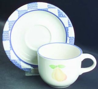 Pfaltzgraff Hopscotch (Fruit) Flat Cup & Saucer Set, Fine China Dinnerware   Fru