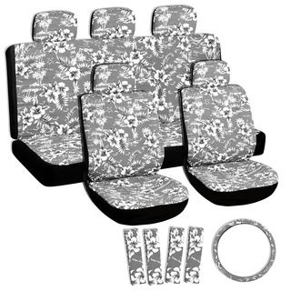 Floral Grey/ Black 11 piece Seat Cover Set (Grey/blackPattern Floral printBucket dimensions (approximate) 8.5 inches high x 6.5 inches wide x 11.5 inches deepBench dimensions (approximate) 21 inches high x 50 inches longUniversal sizeHighly durable and
