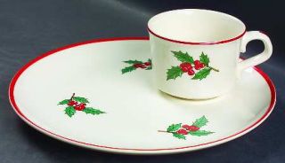Taylor, Smith & T (TS&T) Holly & Spruce Red Trim Snack Plate & Cup Set, Fine Chi