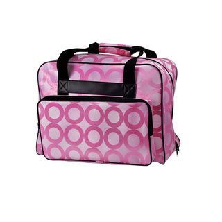 Janome Pink Sewing Machine Tote (PinkHolds up to 50 poundsHandle dimensions 21.5 inches x 1.5 inches x 6.75 inchesHandle drop 10 inchesDimensions 17 inches wide x 12.5 inches tall x 8 inches deep. The front pocket measures 14 inches wide x 8 inches tal