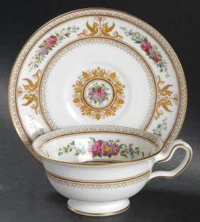 Wedgwood Columbia White (Gold Trim) Peony Shape Footed Cup & Saucer Set, Fine Ch