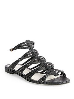 Jason Wu Lizard Embossed Leather Strappy Sandals   Black
