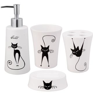 Jovi Home Cats Bath Accessory 4 piece Set (White/blackRust freeSpot clean onlyDimensionsLotion dispenser 7.6 inches high x 3.1 inches wideToothbrush holder 3.94 inches high x 3.15 inches wideTumbler 3.94 inches high x 3.15 inches wideSoap dish 1.1 in