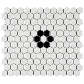 Somertile 10.25x11.75 in Victorian Hex 1 in Glossy White With Flower Porcelain Mosaic Tiles (pack Of 10)