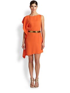 Halston Heritage One Shoulder Belted Dress   Tangerine