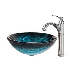 Kraus C GV 399 19mm 1005CH Nature Ladon Glass Vessel Sink and Riviera Faucet Chr