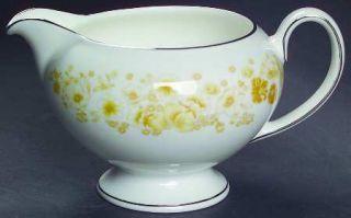 Wedgwood Mimosa Leigh Shape Creamer, Fine China Dinnerware   Yellow Floral Rim,
