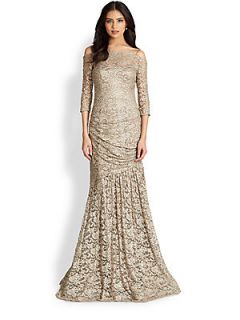 Teri Jon Metallic Lace Off The Shoulder Gown   Champagne