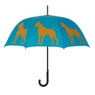 Blue Boxer Umbrella (Blue/ brownPrint Silk screen print of BoxersCanopy material 190 thread pongee polyesterFrame material SteelRib material Fiberglass with plastic tipsHandle material Rubber coated, curvedTeflon treated for waterproofingFull sizeAut