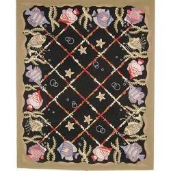 Hand hooked Gold Fish Black Wool Rug (76 X 99)