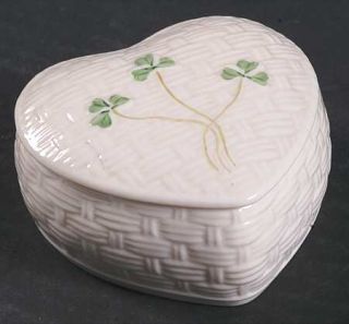 Belleek Pottery (Ireland) Shamrock Heart Shape Box with Lid, Fine China Dinnerwa