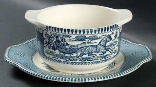 Royal (USA) Currier & Ives Blue Gravy Boat & Underplate, Fine China Dinnerware  