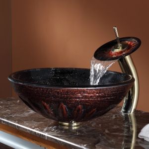 Kraus C GV 681 19mm 10G Copper Magma Glass Vessel Sink and Waterfall Faucet