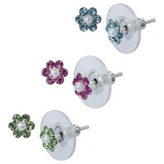 Sterling Silver 3 Pair Set of Crystal Flower Earrings   Silver