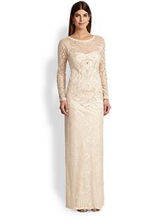 Sue Wong Soutache Embroidered Lace Illusion Gown   Champagne