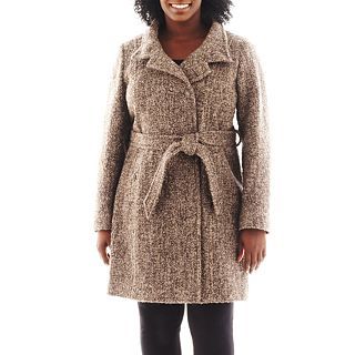 Collezione Belted Tweed Coat   Plus, Brown, Womens