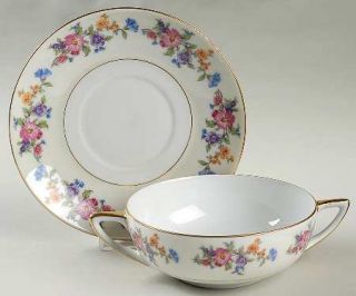 Bohemia Ceramic Floradora (Cream Border) Flat Cream Soup Bowl & Saucer Set, Fine