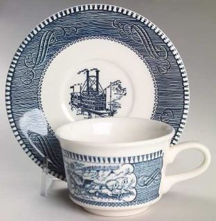 Royal (USA) Currier & Ives Blue Flat Cup & Saucer Set, Fine China Dinnerware   B