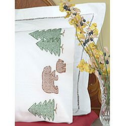 Bear And Trees Stamped Perle Pillowcases (set Of 2)