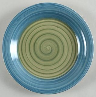 Pier 1 Per118 Salad Plate, Fine China Dinnerware   Blue Rim,Green Center,Swirls,