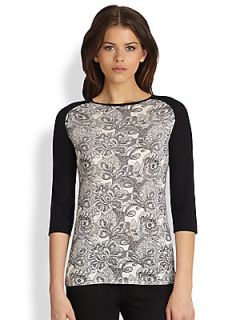  Collection Silk Cashmere Lace Printed Pullover   Black White