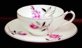 Trend Rosalind Flat Cup & Saucer Set, Fine China Dinnerware   Pink Roses, Gray L