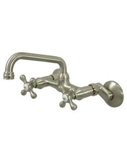 Satin nickel Wallmount Kitchen Faucet With Cross Handles (Fabricated from solid brass material for durability and reliability6 to 8.5 inch widespreadDrip free ceramic cartridge system Easy to use swivel spoutCeramic hot and cold buttonsStandard US plumbin